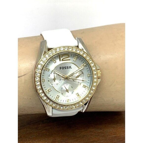 Fossil Women\'s Watch ES3204 Riley Quartz Gemmed Two Tone White Leather Band 38mm main image 5